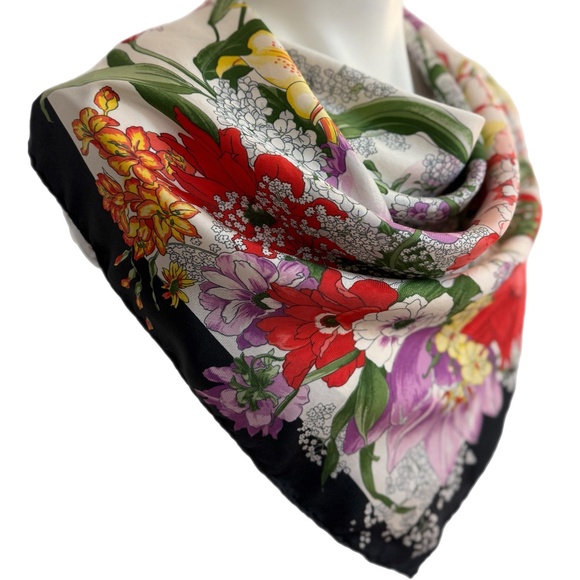 Vintage Silk Floral Scarf | Botanical Garden Print | Hand Rolled Edges - Picture 8 of 8